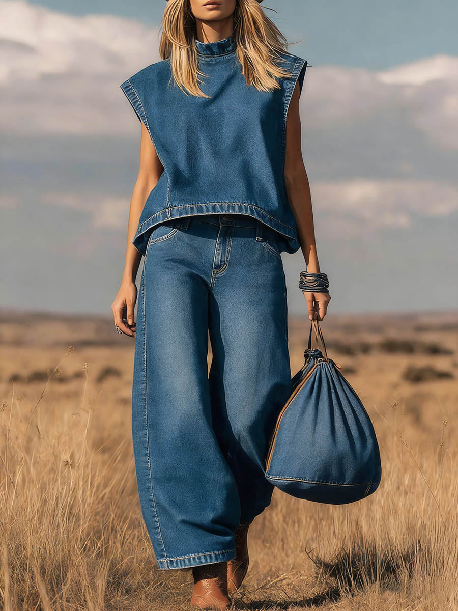 📦📦LAST DAY SAVE 49% ⏰ Women's Stand Collar Sleeveless Casual Loose Top and High Waisted Loose Wide Leg Denim Pants Set