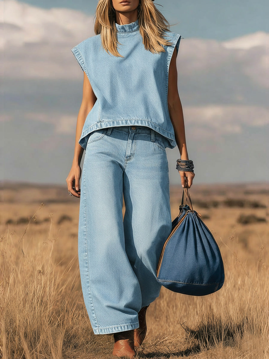 📦📦LAST DAY SAVE 49% ⏰ Women's Stand Collar Sleeveless Casual Loose Top and High Waisted Loose Wide Leg Denim Pants Set