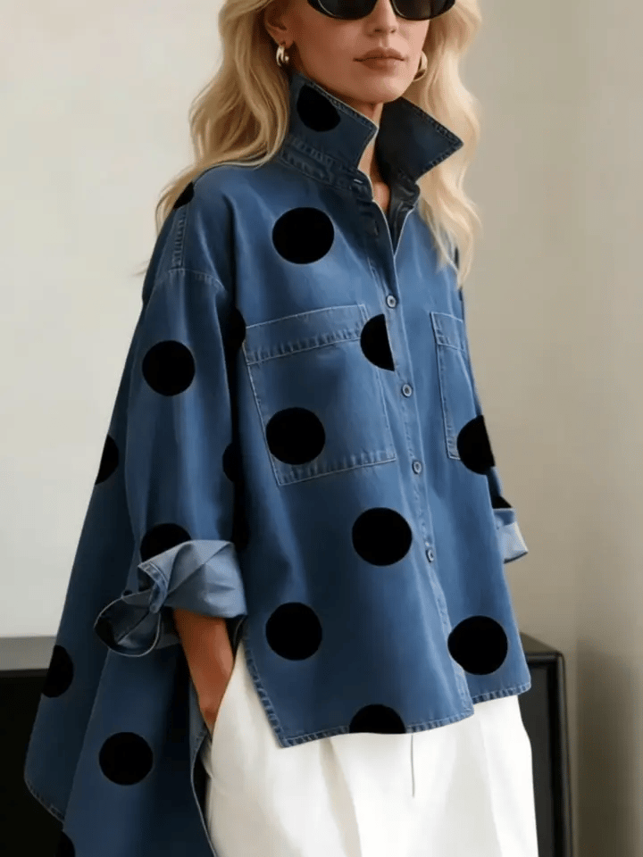 📦📦LAST DAY SAVE 49% ⏰Elegant Artistic Polka Dot Print Stand-collar Denim Top
