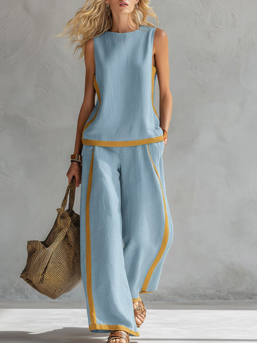 📦📦LAST DAY SAVE 49% ⏰Women's Round Neck Sleeveless Casual Loose Top And High-waisted Loose Wide-leg Pants Cotton And Linen Set.