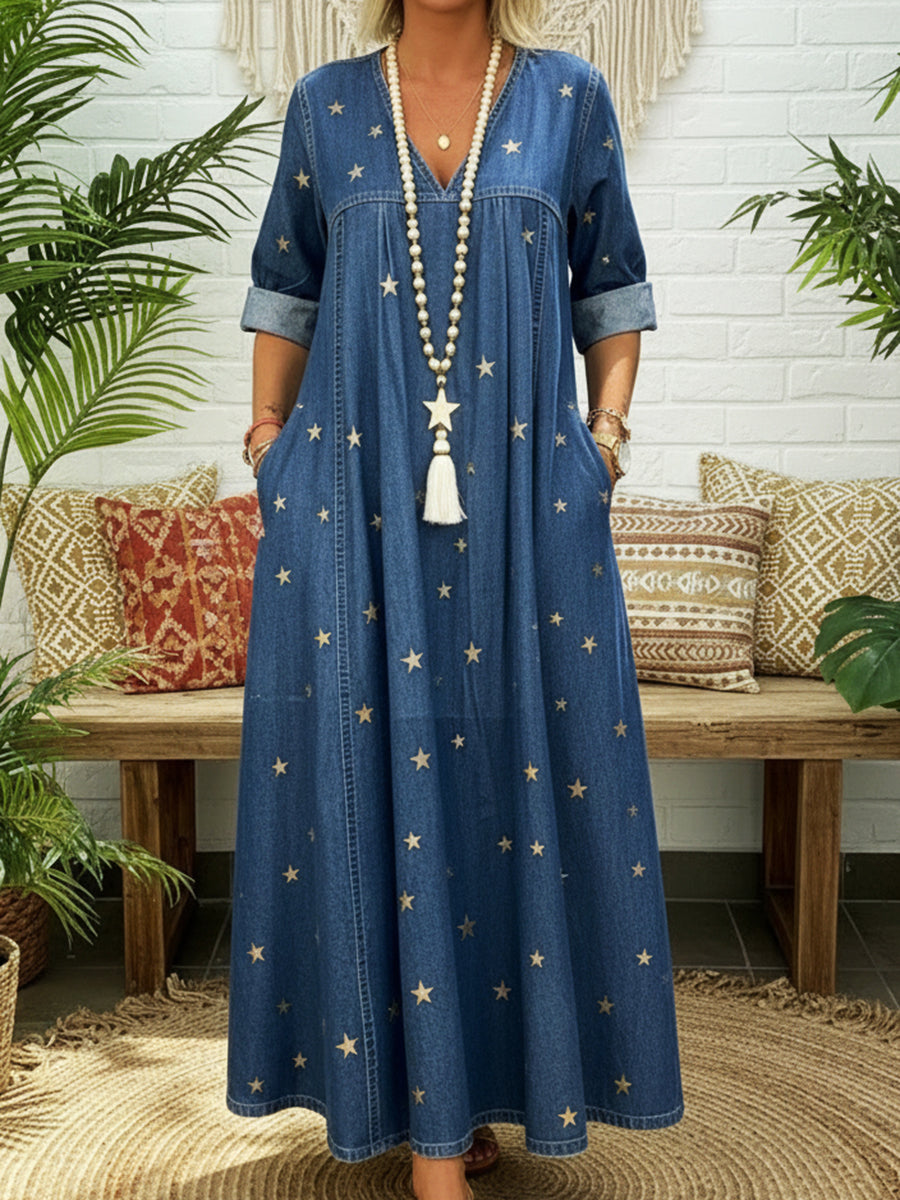 📦📦Buy 2 PCS for free shipping🔥Casual Gold Star Print 100% Cotton Denim Dress